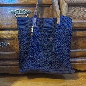 Women’s Crochet Tote Bag with Leather Handles - Navy